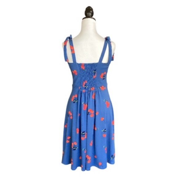 ModCloth Blue & Red Cherry Print Tie-Strap Smocked Back Mini Dress Size M - Picture 3 of 9